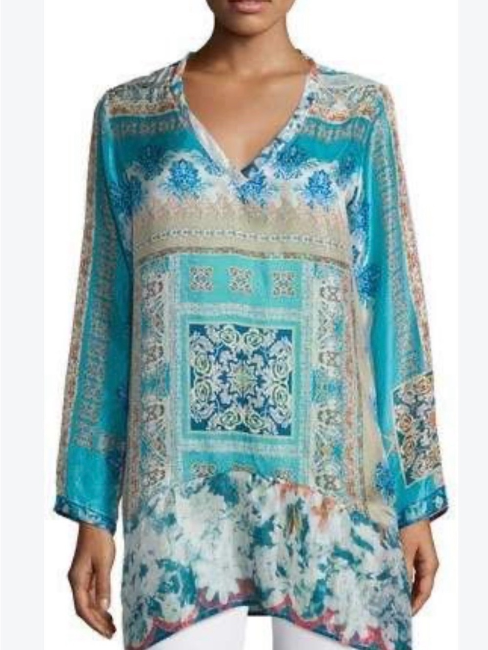 Johnny Was 100% Silk Turquoise and Cream V-Neck Printed Tunic